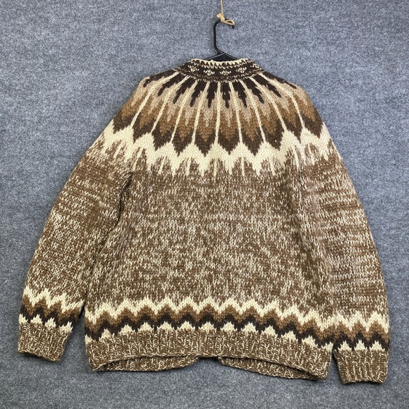 VTG Icelook Icelandic Wool Handknit Cardigan Sweater Brown Fair Isle Mens Large - Picture 8 of 8